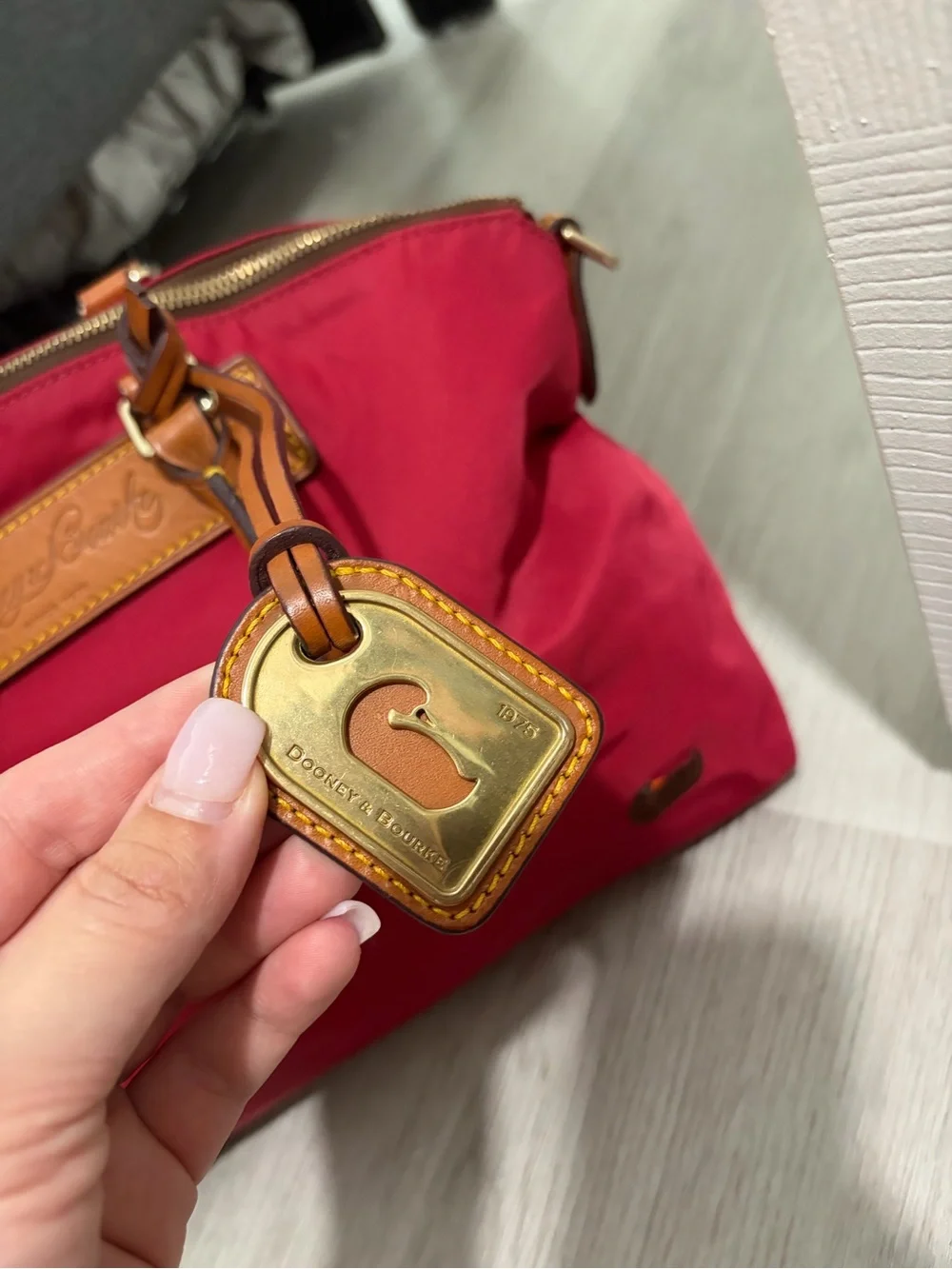 Dooney & Bourke Red Nylon Satchel with Tan Leather Trim and Gold Hardware